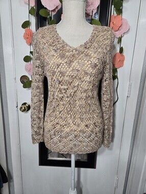 Como Crochet Long Sleeve Blouse Sz Sm TAN